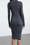 Moda Stil Slim Polo Yaka Midi Boy Triko Elbise