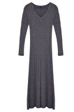 Moda Stil Regular V Yaka Maxi Boy Triko Saç Örgü Basic Elbise