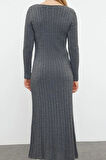 Moda Stil Regular V Yaka Maxi Boy Triko Saç Örgü Basic Elbise