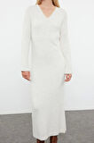 Moda Stil Regular V Yaka Maxi Boy Triko Yünlü Basic Elbise