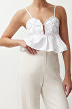 Moda Kalp Yaka Dokuma Crop Düz Desen Şık gece Crop Askılı Kol Bluz