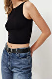 Moda Kayık Yaka Örme Slim Düz Desen Casual Günlük Crop Askılı Kol Bluz