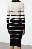 Moda Stil Slim Polo Yaka Midi Boy Triko Renk Bloklu Çizgili Elbise