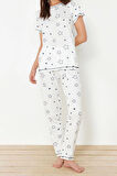 Tarz Rahat Kısa Kollu Boru Paça Yıldız Desenli Örme Pijama Takımı