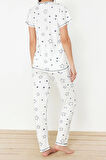 Tarz Rahat Kısa Kollu Boru Paça Yıldız Desenli Örme Pijama Takımı