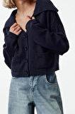 Kadın Modern Tarz Oversize Devrik Yaka Crop Triko Hırka