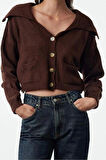 Kadın Modern Tarz Oversize Devrik Yaka Crop Triko Hırka