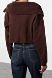 Kadın Modern Tarz Oversize Devrik Yaka Crop Triko Hırka