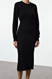 Moda Stil Regular Bisiklet Yaka Midi Boy Triko A-Line Formda Elbise