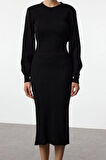 Moda Stil Regular Bisiklet Yaka Midi Boy Triko A-Line Formda Elbise