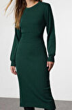 Moda Stil Regular Bisiklet Yaka Midi Boy Triko A-Line Formda Elbise