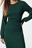 Moda Stil Regular Bisiklet Yaka Midi Boy Triko A-Line Formda Elbise