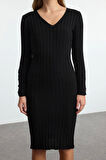 Moda Stil Regular V Yaka Midi Boy Triko Basic Elbise