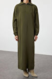 Moda Rahat Casual Günlük Çift Plaka Triko Dik Yaka Uzun Kol Shift Maxi Boy Tesettür Elbise