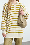 Kadın Modern Tarz Rahat Uzun Polo Yaka Çizgili Kol Regular Triko Kazak