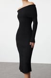 Moda Stil Regular Carmen Yaka Midi Boy Triko Basic Elbise