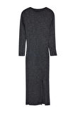 Moda Stil Fitted Bisiklet Yaka Midi Boy Büyük Beden Simli Fitilli Vücudu Saran Triko Elbise