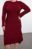 Moda Stil Fitted Bisiklet Yaka Midi Boy Büyük Beden Bordo Fitilli Triko Elbise