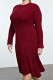 Moda Stil Fitted Bisiklet Yaka Midi Boy Büyük Beden Bordo Fitilli Triko Elbise