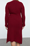 Moda Stil Fitted Bisiklet Yaka Midi Boy Büyük Beden Bordo Fitilli Triko Elbise