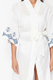 Moda Dokuma Oversize Kalıp Uzun V Yaka Standart Kol Flamlı Pamuk Basic Düz Desen Kimono Kaftan