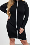 Moda Stil Slim Dik Yaka Mini Boy Büyük Beden Fitilli Triko Büyük Beden Elbise