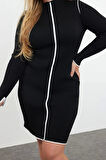 Moda Stil Slim Dik Yaka Mini Boy Büyük Beden Fitilli Triko Büyük Beden Elbise