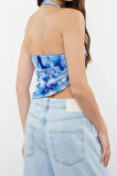 Moda Boyundan Bağlamalı Örme Slim Soyut Desen Casual Günlük Crop Kolsuz Bluz