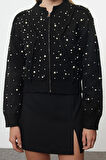 Stil Kadın Regular Standart Kol Bomber Yaka Yumuşak Fermuarlı Taşlı Ceket Görünümlü Triko Hırka
