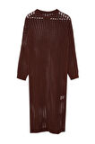 Moda Oversize Casual Günlük Ajur Triko Bisiklet Yaka Uzun Kol Basic Maxi Boy Tesettür Elbise