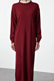 Moda Stil Relaxed Dik Yaka Maxi Boy Tesettür Bordo Brode Yaka Detaylı Triko Elbise