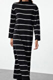 Moda Stil Relaxed Dik Yaka Maxi Boy Tesettür Çizgili Triko Elbise