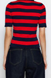 Moda Kare Yaka Triko Slim Çizgili Desen Casual Günlük Regular Kısa Kol Bluz