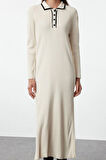 Moda Stil Fitted Polo Yaka Maxi Boy Tesettür Yakası Biyeli Triko Elbise
