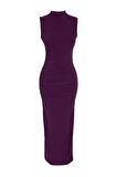 Moda Slim Casual Günlük Kalın Sandy Örme Dik Yaka Kolsuz Kol Bodycone Maxi Boy Elbise