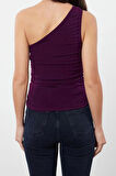 Moda Asimetrik Yaka Örme Slim Düz Desen Casual Günlük Crop Kolsuz Bluz