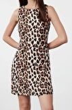 Moda Stil Regular Bisiklet Yaka Mini Boy Leopar Desenli Düz Kesim Saten Dokuma Elbise