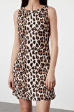 Moda Stil Regular Bisiklet Yaka Mini Boy Leopar Desenli Düz Kesim Saten Dokuma Elbise