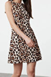 Moda Stil Regular Bisiklet Yaka Mini Boy Leopar Desenli Düz Kesim Saten Dokuma Elbise