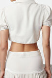 Moda Gömlek Yaka Dokuma Crop Düz Desen Plaj Crop Kısa Kol Bluz