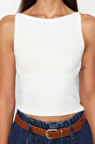 Moda Kayık Yaka Örme Slim Düz Desen Casual Günlük Crop Askılı Kol Bluz
