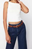 Moda Kayık Yaka Örme Slim Düz Desen Casual Günlük Crop Askılı Kol Bluz