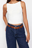Moda Kayık Yaka Örme Slim Düz Desen Casual Günlük Crop Askılı Kol Bluz