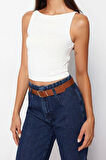 Moda Kayık Yaka Örme Slim Düz Desen Casual Günlük Crop Askılı Kol Bluz