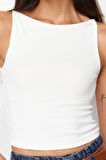 Moda Kayık Yaka Örme Slim Düz Desen Casual Günlük Crop Askılı Kol Bluz