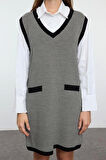 Moda Stil Regular V Yaka Mini Boy Triko Renk Bloklu Elbise