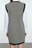 Moda Stil Regular V Yaka Mini Boy Triko Renk Bloklu Elbise