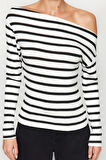 Moda Kayık Yaka Örme Slim Çizgili Desen Casual Günlük Regular Uzun Kol Bluz