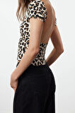 Moda Kayık Yaka Örme Regular Animal Desen Casual Günlük Crop Kısa Kol Bluz