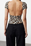 Moda Kayık Yaka Örme Regular Animal Desen Casual Günlük Crop Kısa Kol Bluz
